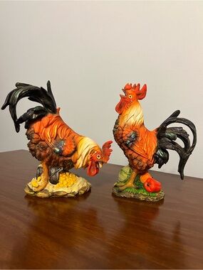 Pair of Colorful Rooster Figurines - Orange
